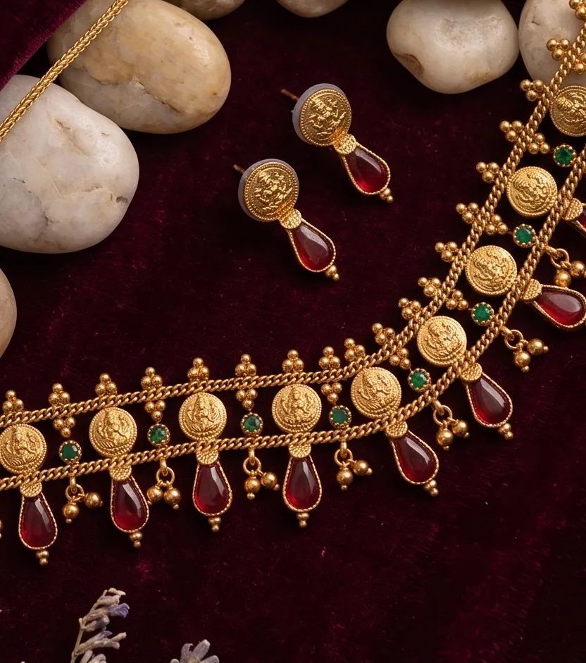 Maroon-Drop Lakshmi Kasu Choker Set